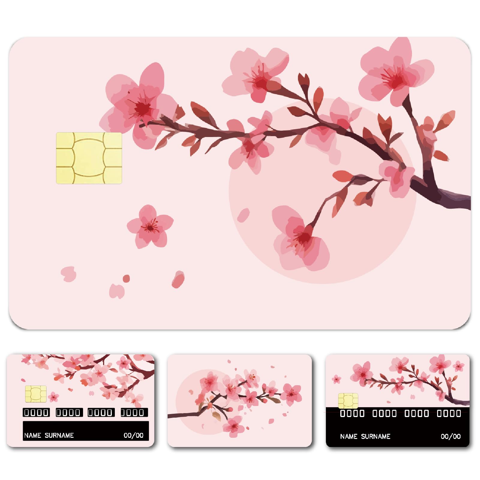 CREATCABIN 4 Styles Pink Credit Card Skins Cherry Blossom Debit Card Skin Sticker Cover No Bubble Slim Personalized Bank Card Protecting Decals PVC Waterproof Removable for Gifts Key Card 7.3x5.4Inch