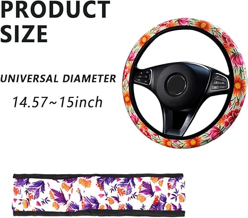 Funda para volante con diseño de flores, 15 pulgadas, con diseño de flores bonitas, para mujeres y niñas, accesorios interiores de automóvil para la
