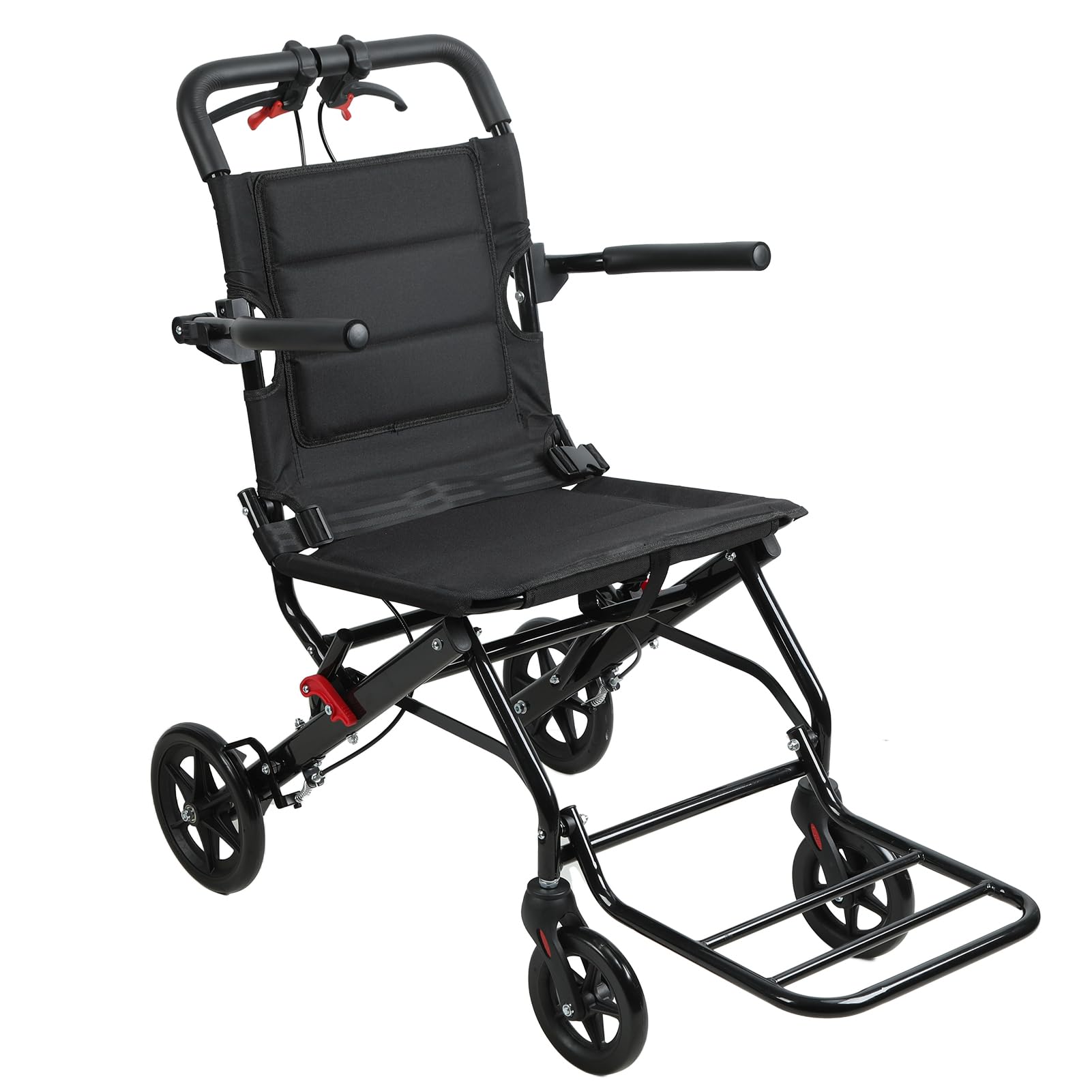 Lightweight Folding Wheelchair, for Adults, Lightweight Wheelchair with Ultra-Light Carbon Steel Frame, Ergonomic Handbrake, PU Wheels & Adjustable Safety Strap, 10.5kg, 100kg Capacity (Black-A)