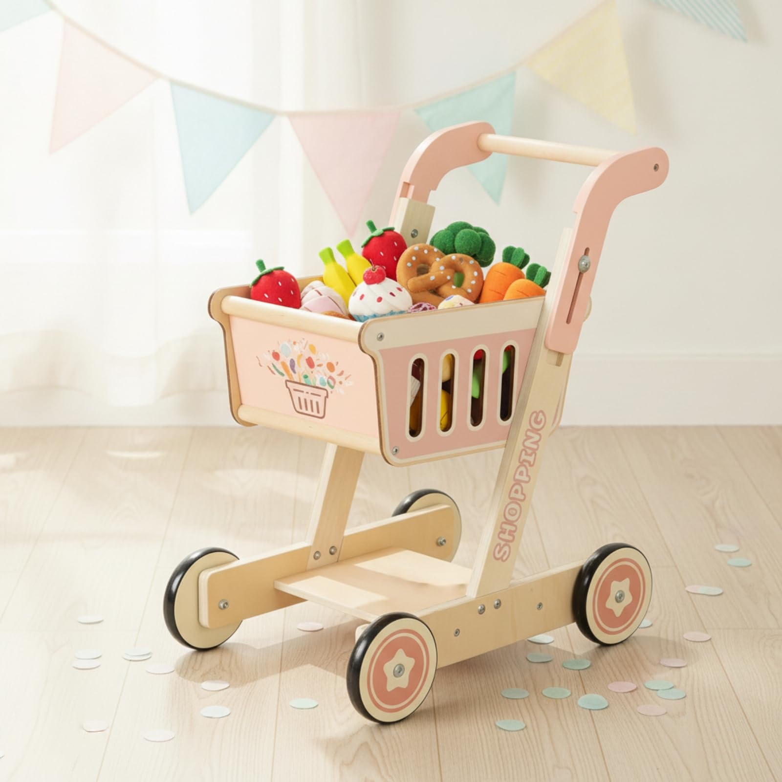 Sharplace Kinder Einkaufswagen Holz Spielwagen Kinder Einkaufs Spielzeug mit Justierbarer Griffhöhe 495cm Bis 57cm Rechteckiger Aufbewahrungskorb Und Unterer
