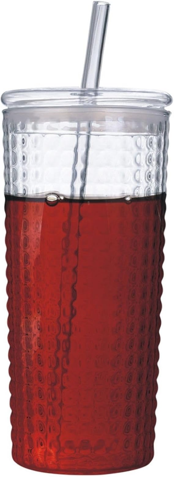 Desenli Borosilikat Pipetli Cam Bardak, 550 ml, Kapaklı ve Pipetli, Soğuk İçecekler İçin Kupa Mug