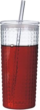Desenli Borosilikat Pipetli Cam Bardak, 550 ml, Kapaklı ve Pipetli, Soğuk İçecekler İçin Kupa Mug