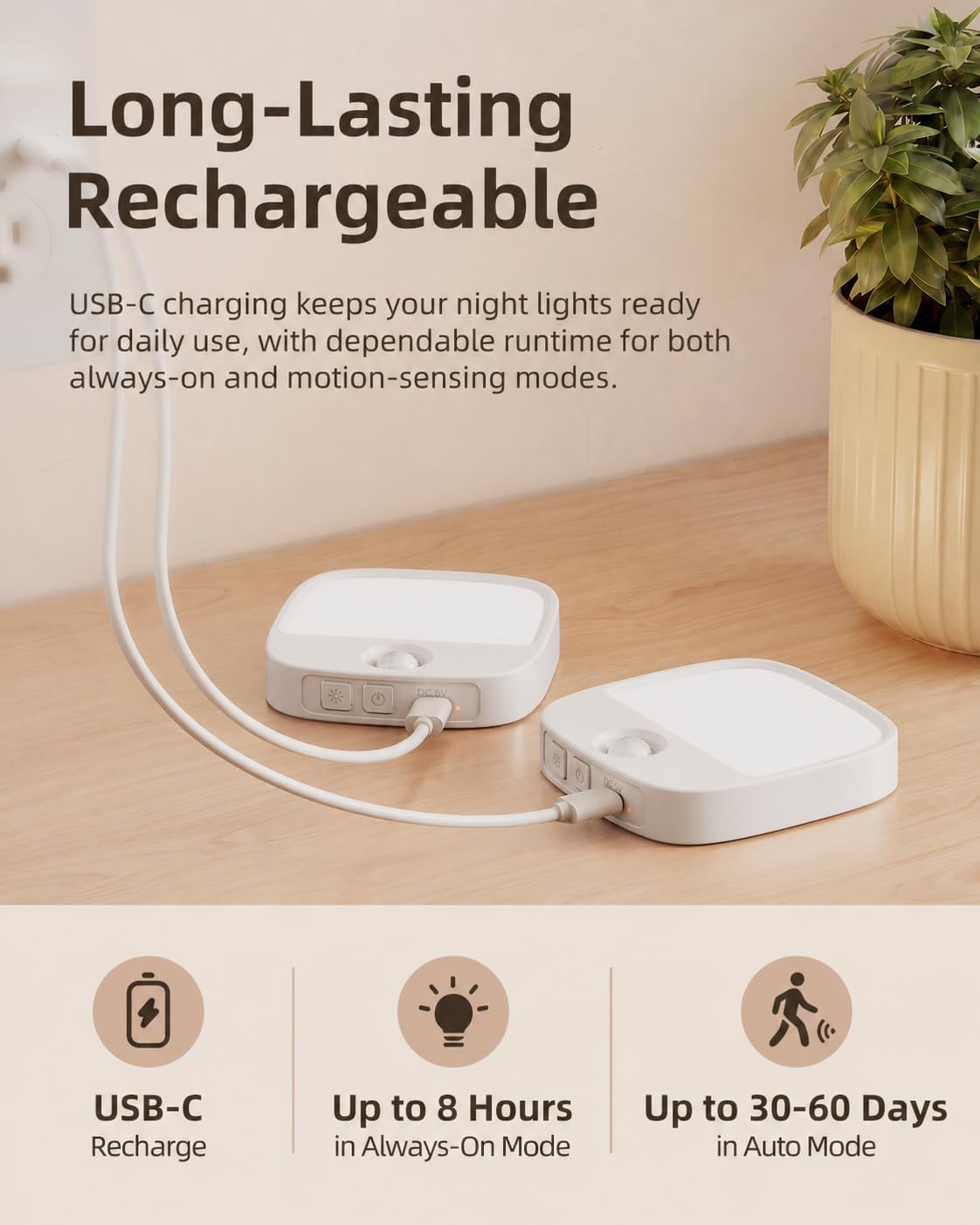 Two EZVALO night lights connected to a USB-C charging cable, illustrating the rechargeable feature and battery life.