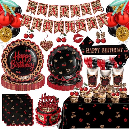 OWWOPATS Red Cheetah Print Birthday Decorations Leopard Birthday Party Supplies Include Plates Napkins Cups Banner Tablecloth Hanging Swirls Cake Topper Balloons for Girls Women