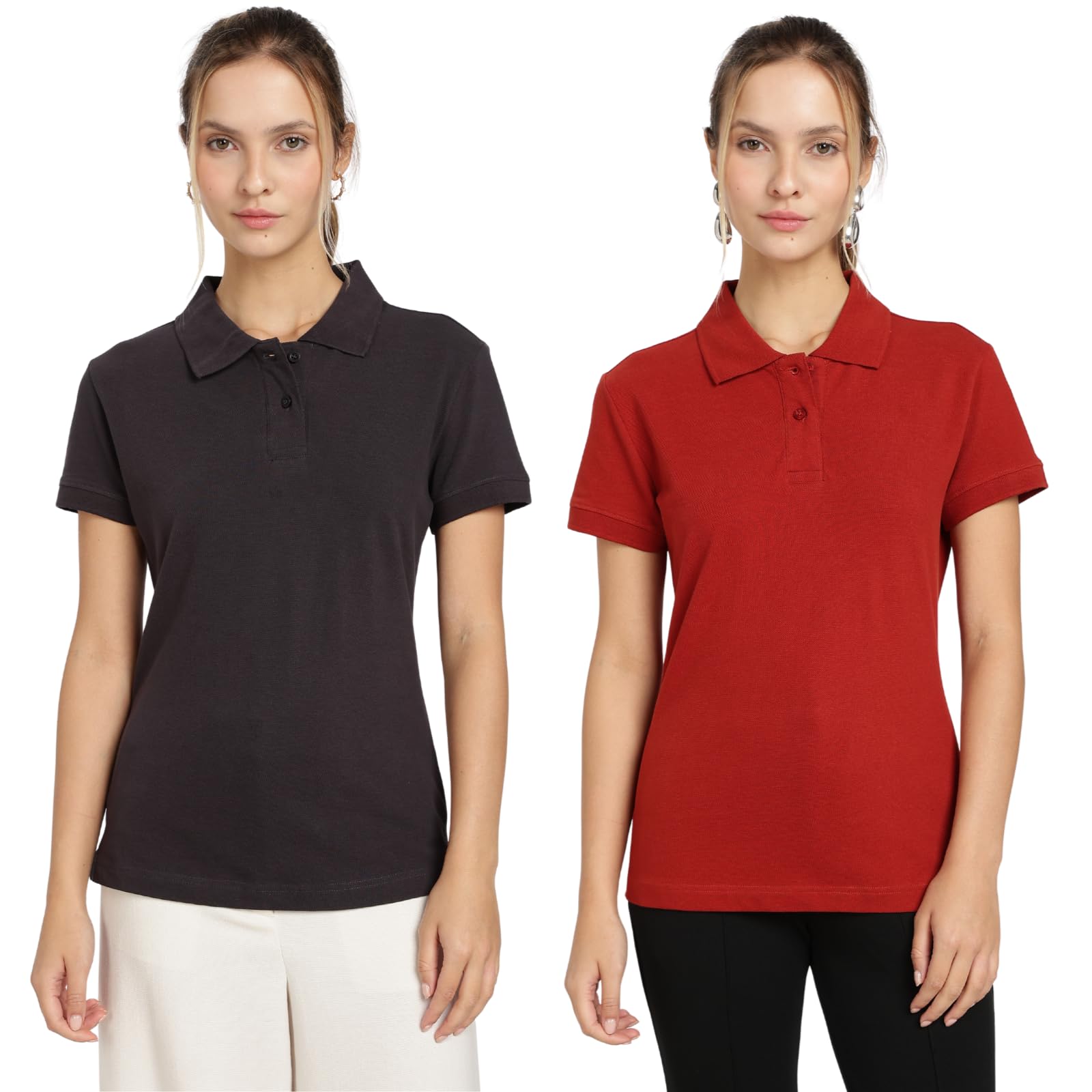 Women's 100% Cotton Premium Polo T-Shirt, Pack of 2, Black and Red, Short Sleeve, Collar Neck-image-26