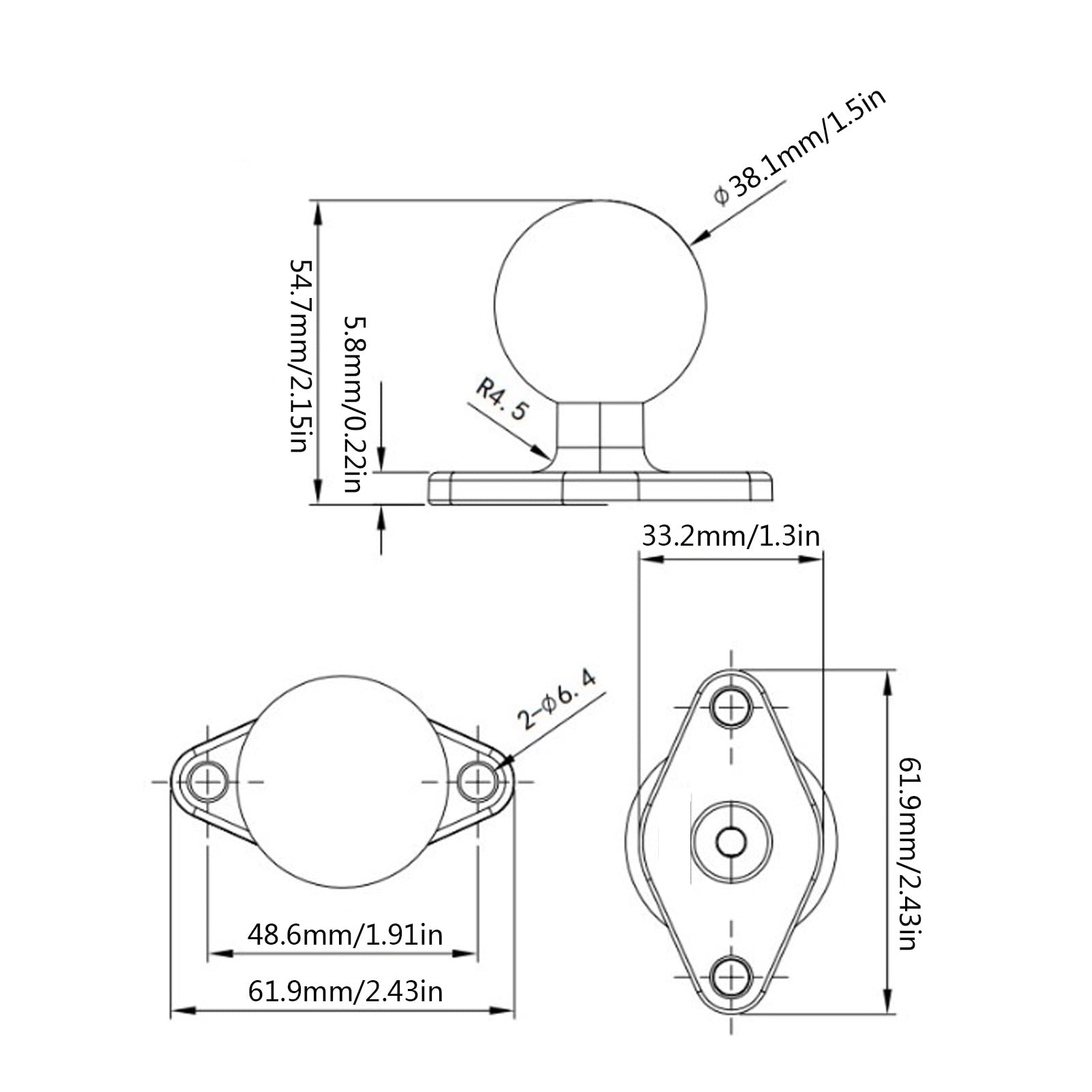 1.5 Inch Ball Mount Base With Aluminum Alloy AMPS Hole Round
