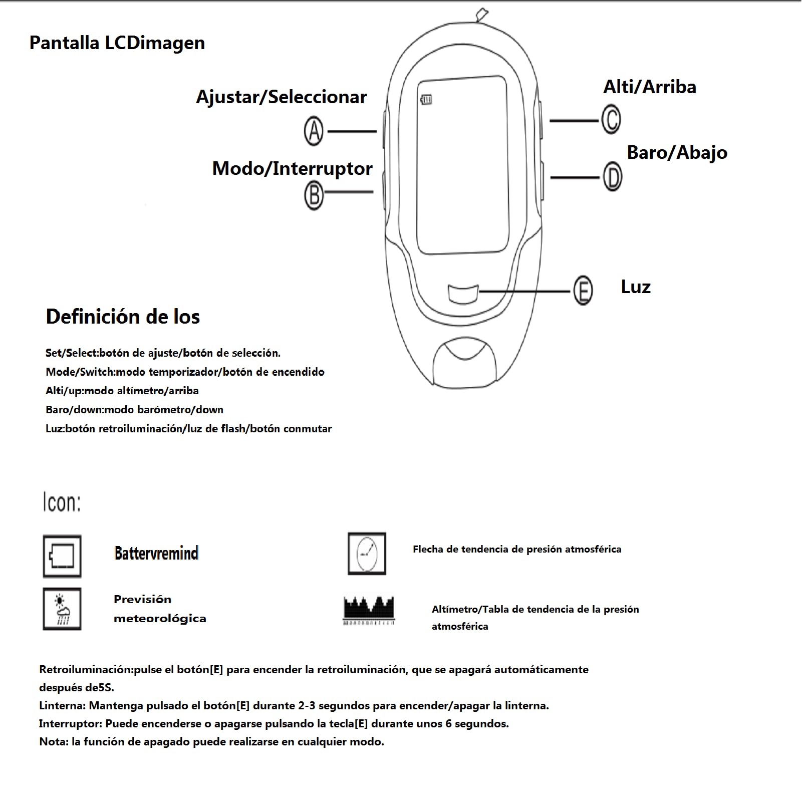 FR500 Al Aire Libre Multifuncional Coche Altímetro Barómetro Termómetro Higrómetro Brújula Altímetro Digital con Múltiples Funciones Portátil Senderismo Altímetro Trekking