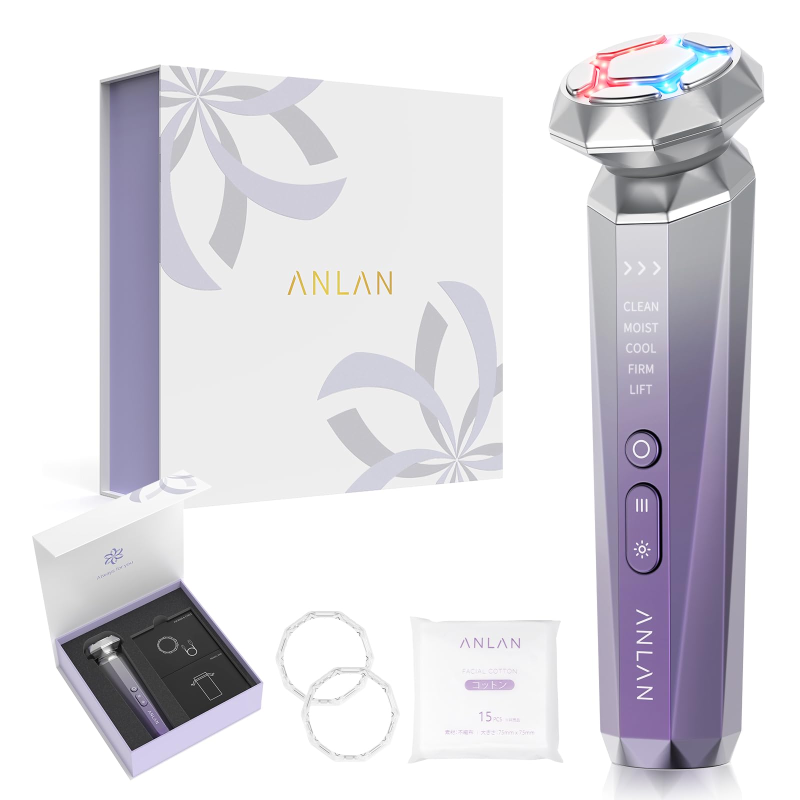 ANLAN multipolar Radiofrecuencia Facial, Masajeador facial eléctrico, modo Calor y Frío, LED Luz Terapía, antienvejecimiento y antiarrugas, mejora la hidratación y luminosidad de la piel (Morado)