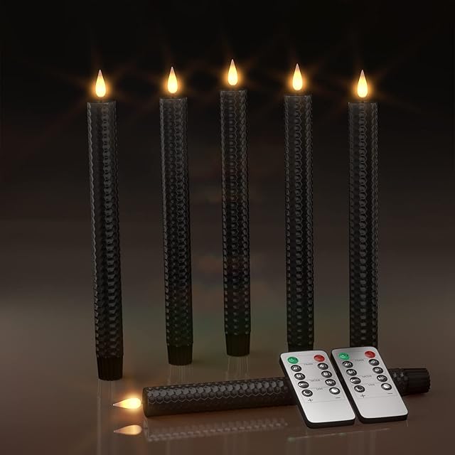 Punasi Flameless LED Battery Operated Candles, 24.5cm Black Electric Flickering Taper Candles with Remote Timer for Home Table Wedding Window Christmas Decorations, Dimmable & Cordless Light, 6pcs