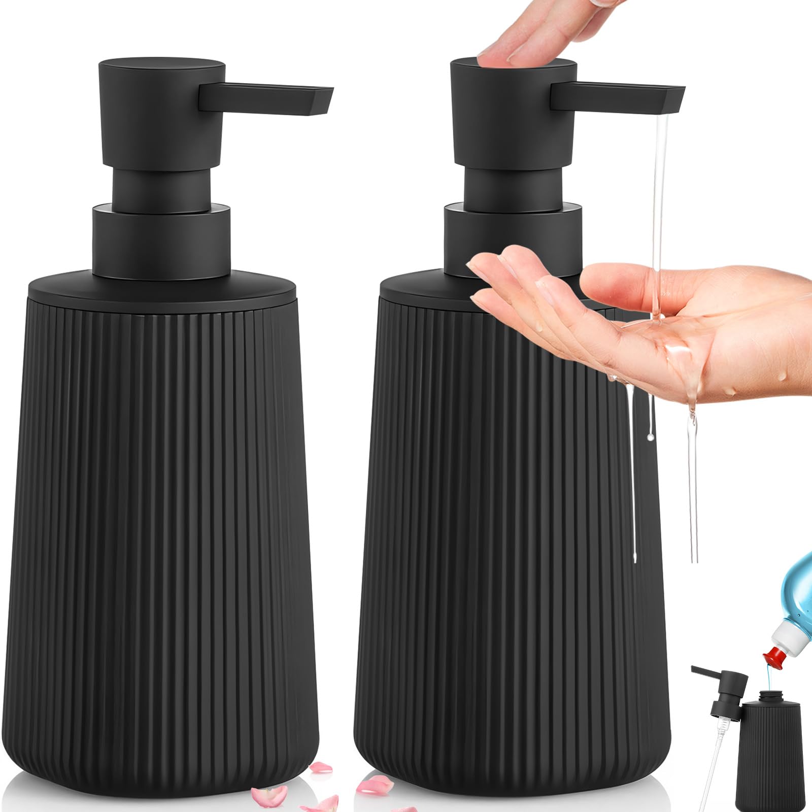 2Pc 350ml Black Soap Dispenser with Pump, Refillable Kitchen Washing up Liquid Soap Dispenser, Modern Farmhouse Style Glass Hand Wash Dispensers,Reusable Bathroom Liquid Divider for Shampoo,Shower Gel