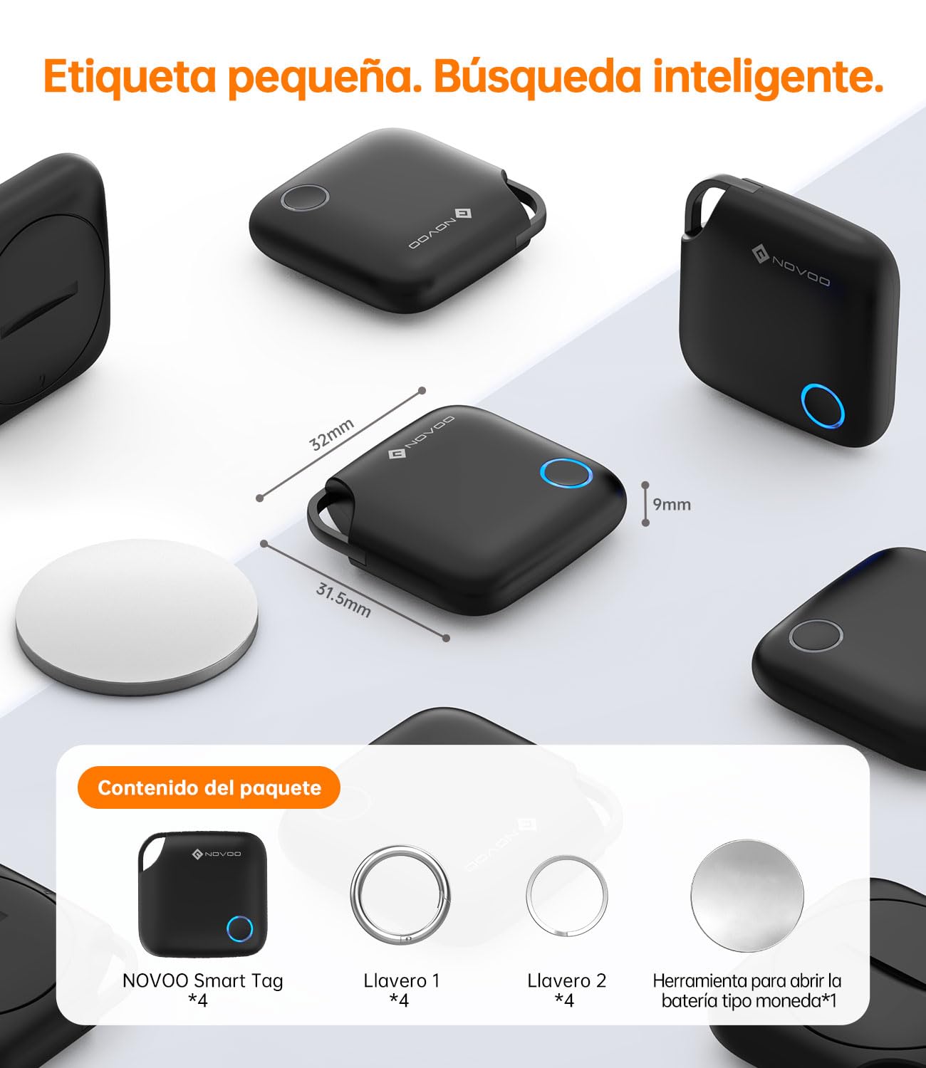 NOVOO Smart Tag avec Apple Find My (iOS Uniquement), Localisateur d'objets avec Alarme 80 DB, Batterie remplaçable avec Verrouillage Enfant, Tracker pour clés, Portefeuille et Bagages, 4 pièces