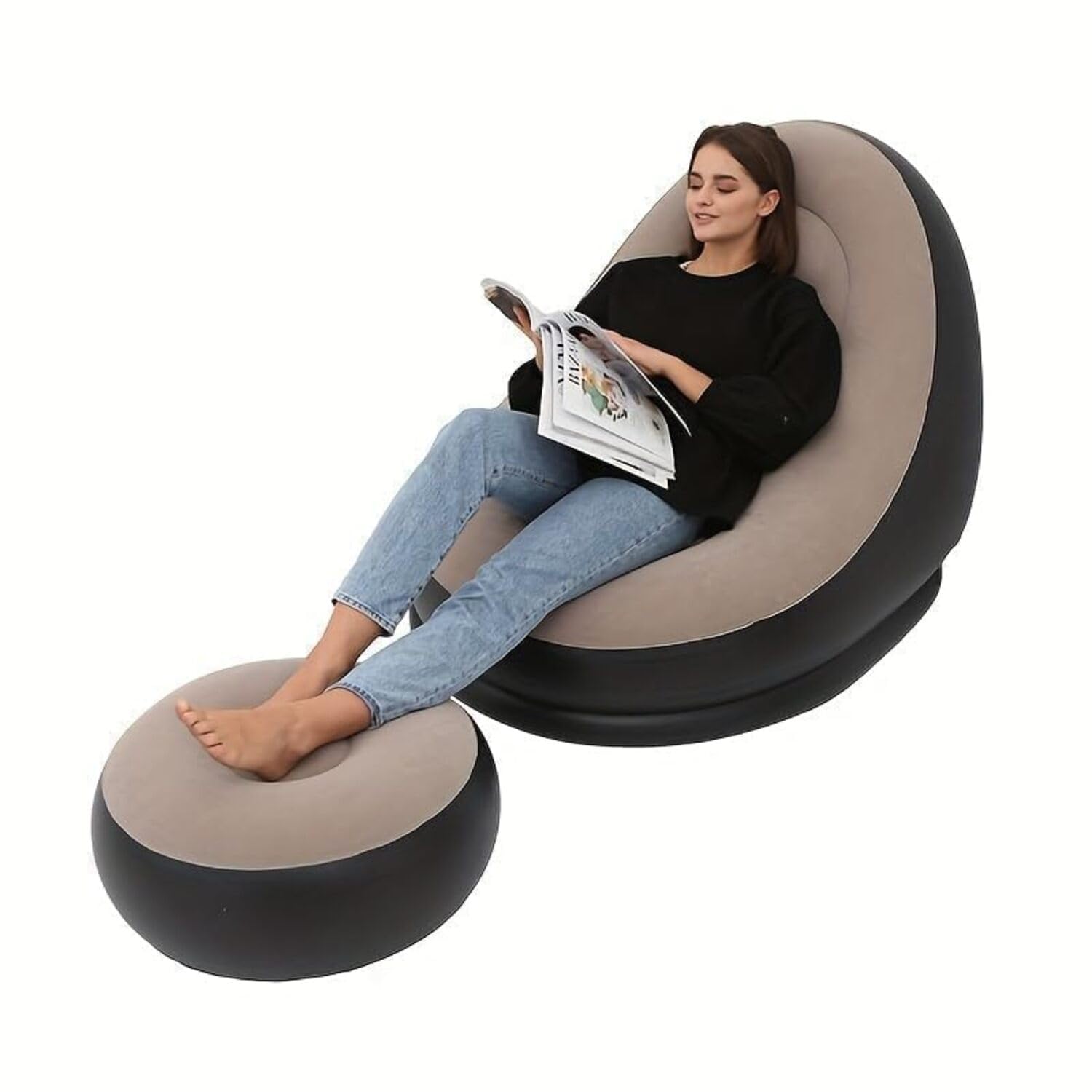 UPLEVELBUCKET - BECAUSE YOU'RE WORTH IT Inflatable Leisure Sofa Chair and Footstool, Outdoor Folding Lounger Flocking Lazy Couch, 2-in-1 Lounge Bed Set Portable Recliner with Air Pump (Multicolor)-image-12