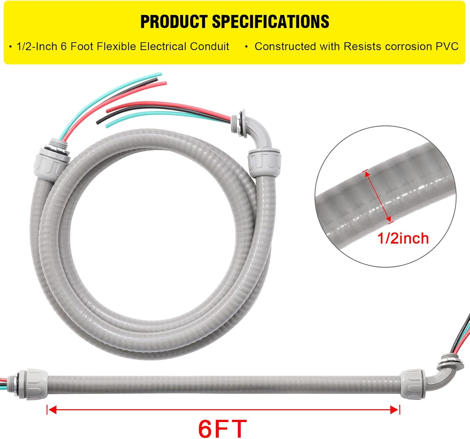 Electrical AC Whip Kit,Electrical Conduit1/2inch 6ft Electrical Conduit Kit,Flexible Non Metallic Liquid Tight Electrical Conduit,with 1 Straight and90°fittingsAnd 6 Snaps