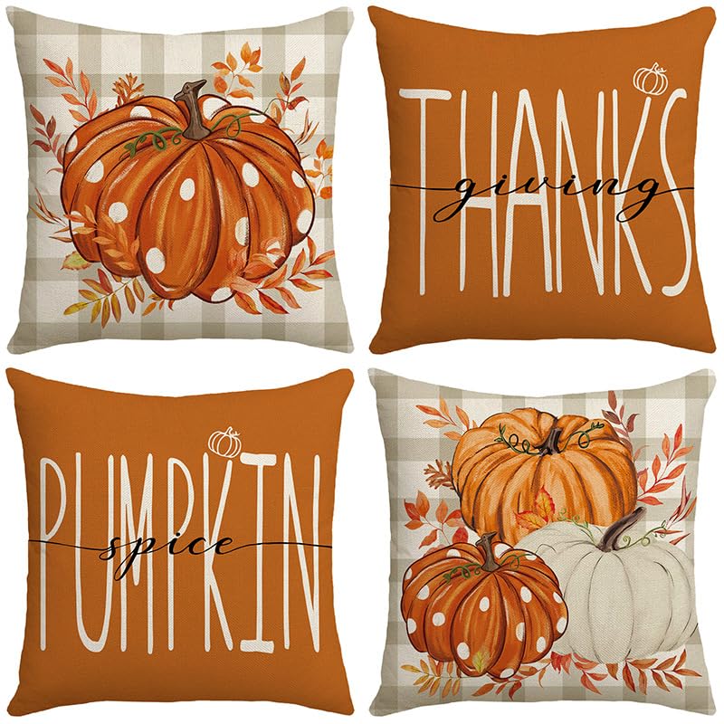 SKIPTHYBER 4er Set Herbst Drucke Kissenbezug Herbst Zierkissenbezug Kürbis Auto Kissenhülle Sofakissen Zierkissen Geometrische Weich Dekokissen für Sofa Schlafzimmer Wohnzimmer 45x45 cm Orange Kürbis