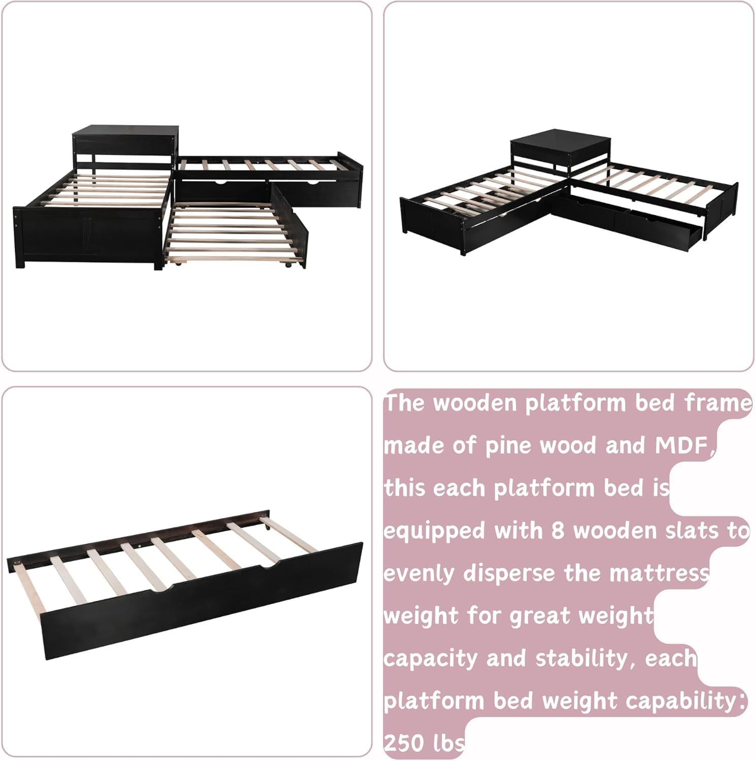 Bellemave L-Shape Twin Platform Beds with Trundle Wood Corner Daybed with 2 Storage Drawers and Desk for Living Room, Kids/Teens’ Bedroom, Guest Room, Espresso