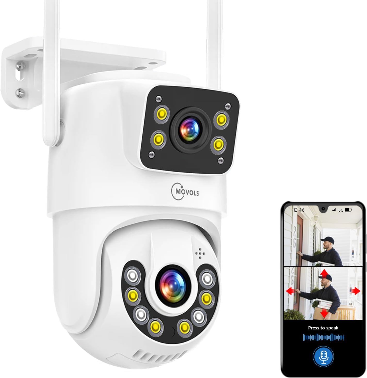 8MP Dual Lens PTZ WiFi Security Cameras Outdoor,Wired Power for AI Home Security,Motion Detection, Human Tracking,Color Night Vision,Siren,IP66 Waterproof,2-Way Audio 2.4G WiFi, 24/7 Recording,SD Slot Dual Lens Linkage Camera(no TFcard)