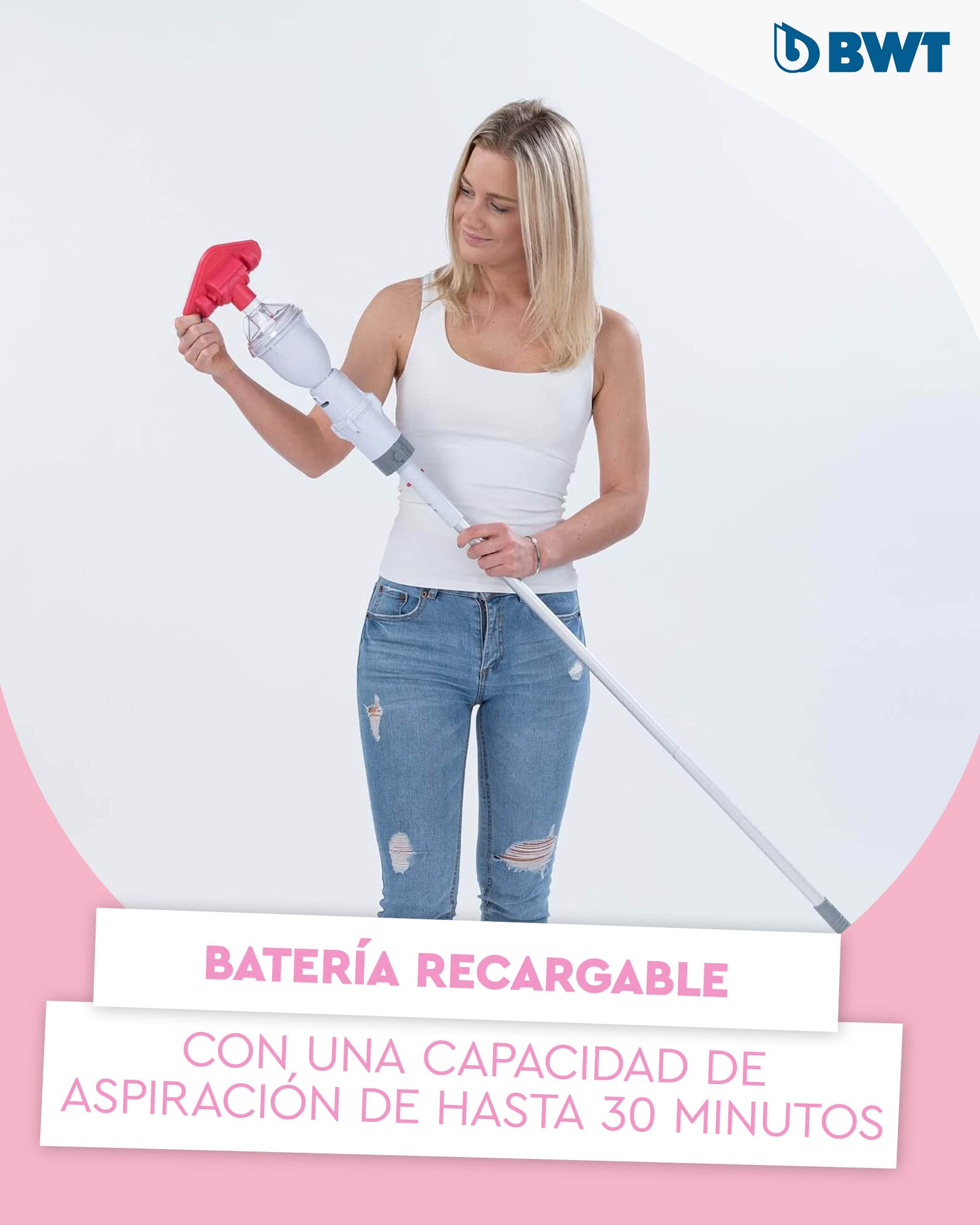 BWT Aspirador de Piscina BC02 | Limpieza eficaz de Piscinas elevadas y Piscinas de hasta 10 m³ | Funcionamiento sin Cable para máxima Libertad de Movimiento | Gran Potencia de succión | Inalámbrico, 30 minutos de duración, 2000 mAh, aspiradora de piscina