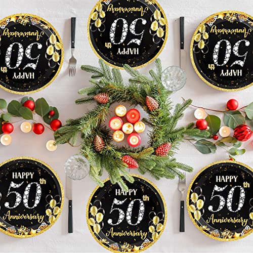 Image of Qyeahkj 48 Pcs 50th Anniversary Party Plate Employee Career Wedding 50th Anniversary Party Gold Black Disposable Paper Dessert Cake Platter Supplies Set for Fiftieth Anniversary Party Decoration Favor