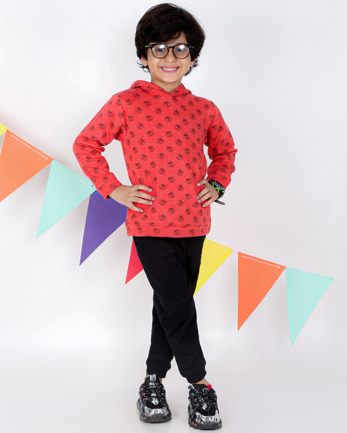 The Mom Store Printed Cotton Full Sleeves Hoodie for Boys| 100% Cotton with Brushed Fleece | Kids Winter wear | Cute Prints | Comfortable | Warm | Red | 3-4 | - Image 2 thumbnail