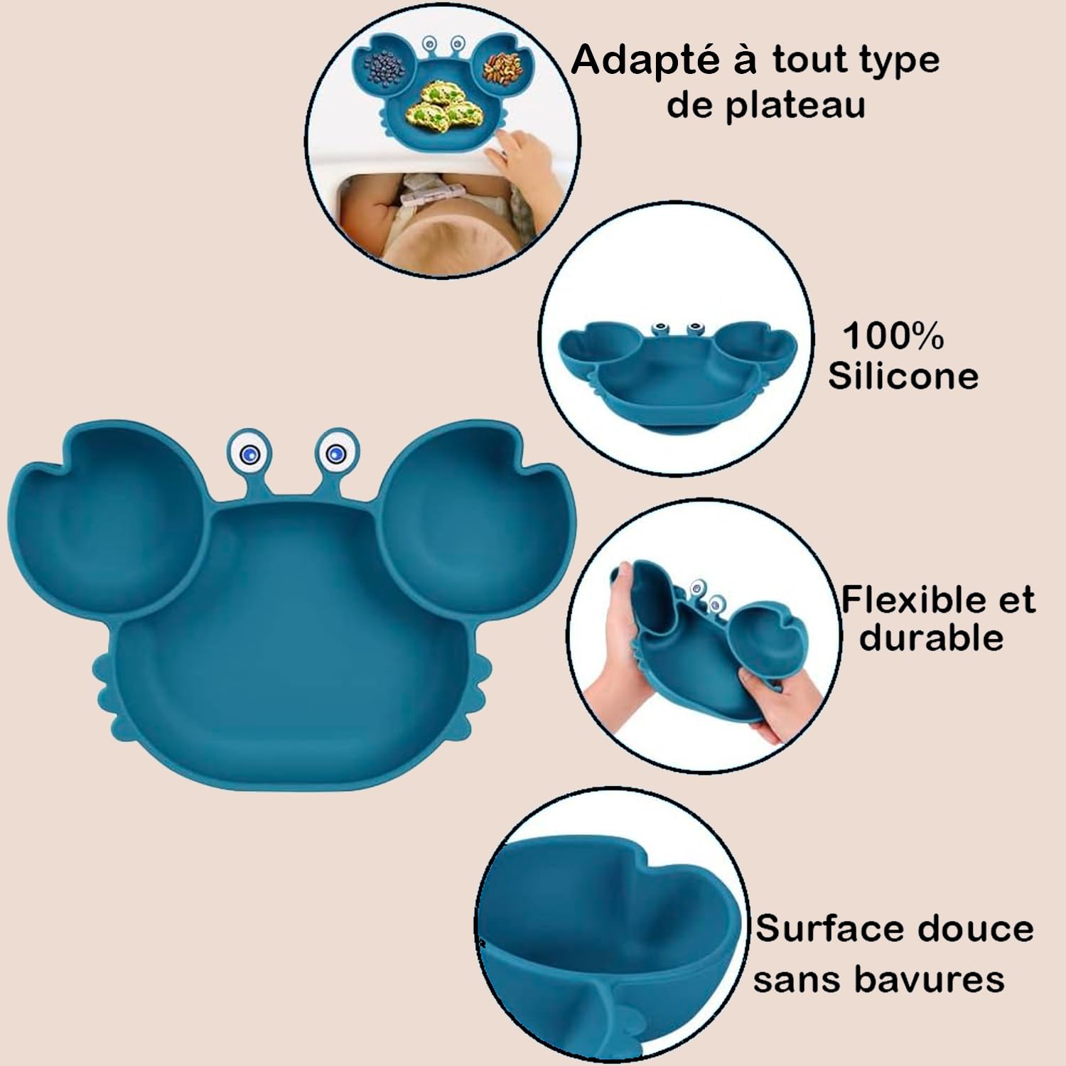 Obiboo Set Repas Bébé avec Assiette à Ventouse en silicone et Couverts Personnalisables, Cadeau de Baptême et Naissance Prénom (Bleu marine)