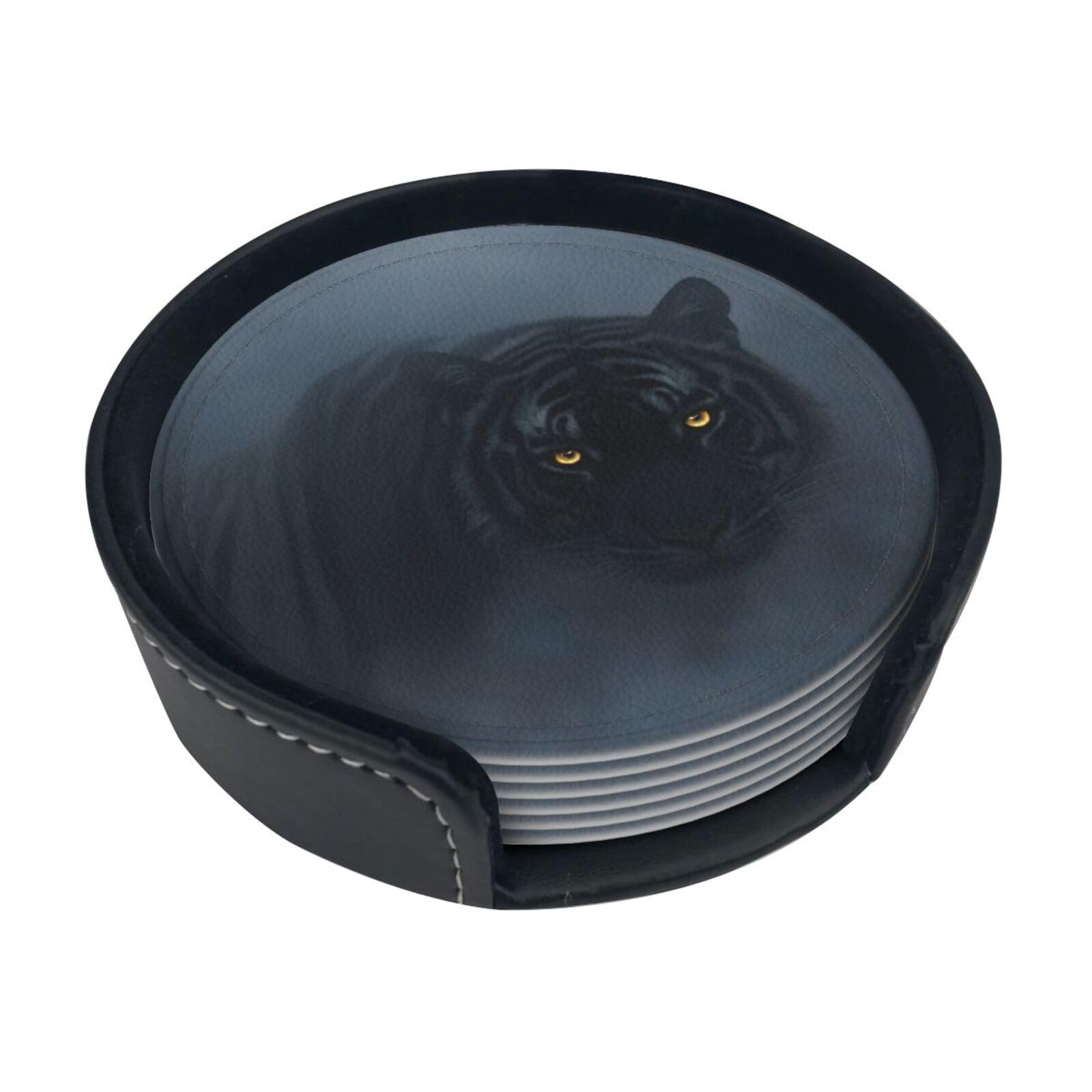 Tiger Shadow Leather Coasters-Set of 6 with Storage Holder