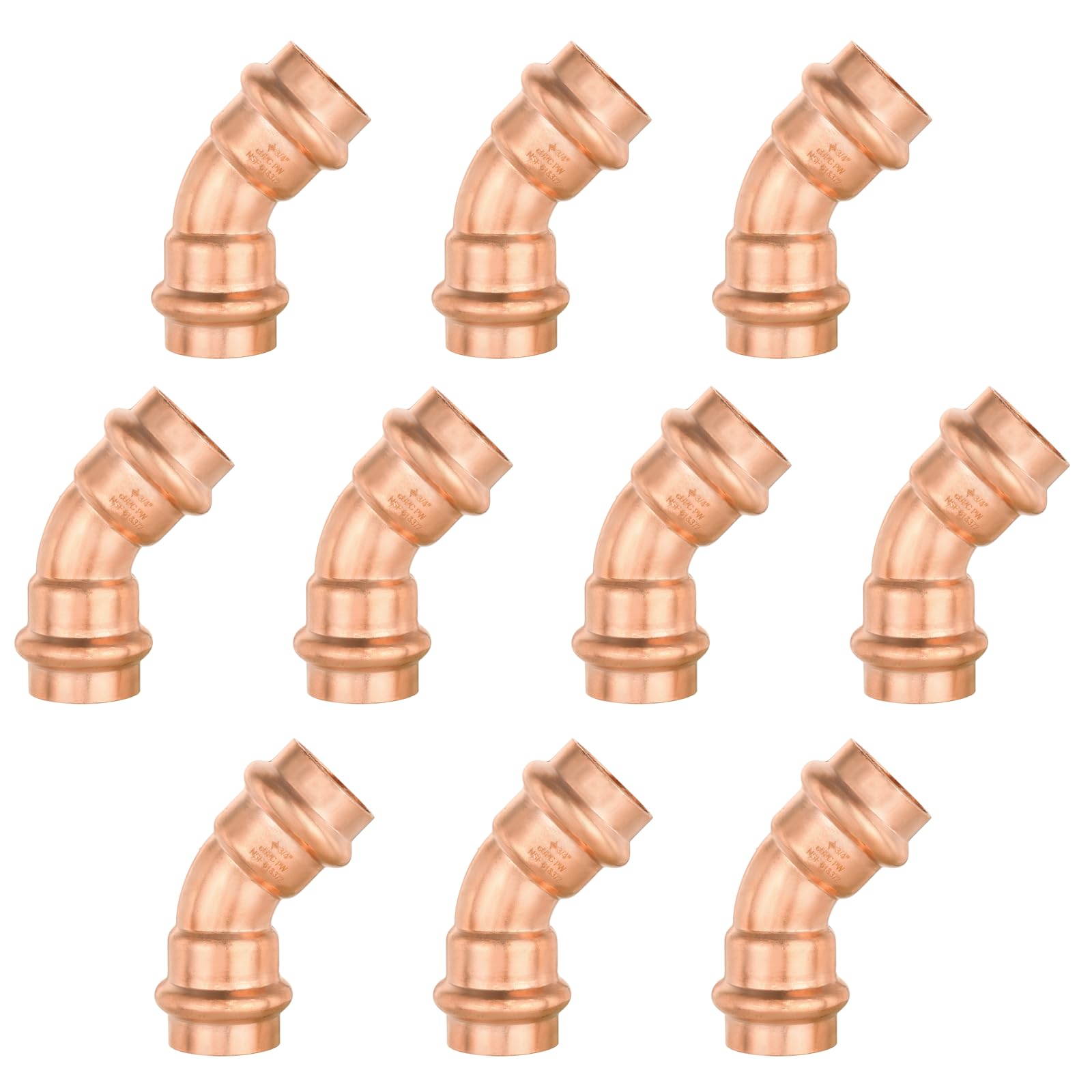 Paquete de 10 Codos de presión de Cobre GUOFIS, 3/4" x 3/4", Accesorios de Codo de 45° para conexión de Tubos de Cobre con Tope (PRESS007)