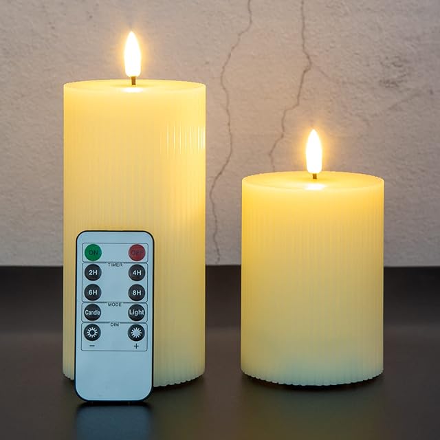 Eywamage Ivory Ribbed Flameless Pillar Candles with Remote, Flat Top Flickering Real Wax LED Battery Candles Set of 2
