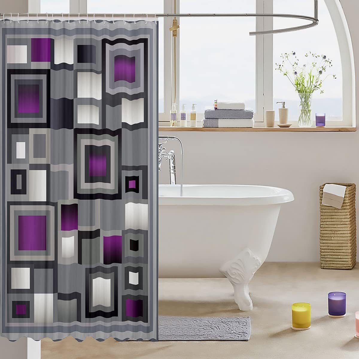 Modern Waterproof Shower Curtains Luxury Heavy Fabric Bathroom Shower Curtain Purple White Gray Square Home Dorm Bathtubs Decor Shower Curtain Machine Washable Grommet Curtain 72 x 84 Inch