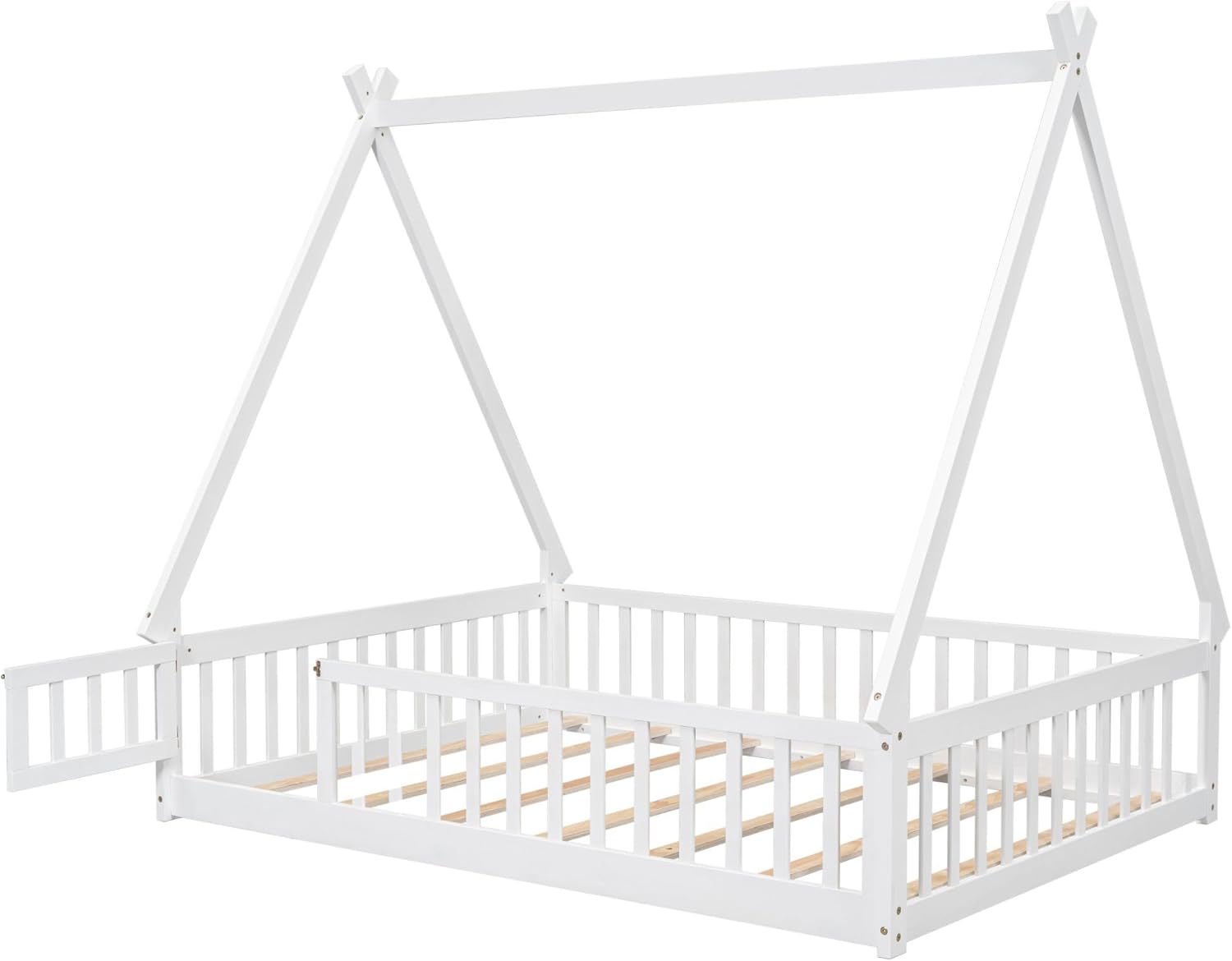 Rhomtree Full Size Wood Tent-Shaped Floor Bed with Guardrails, Slats, Door, Solid Wood Platform Bed Frame Mattress Foundation Sleigh Bed with Wood Slat Support for Teens Adults(White, Full)
