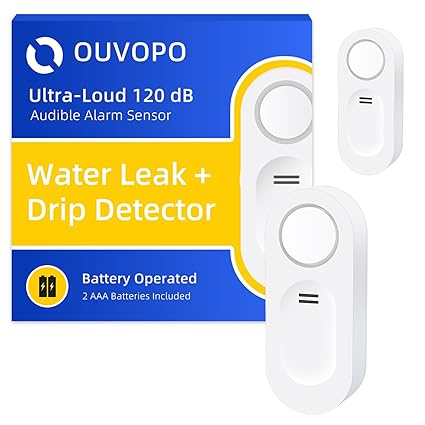 OUVOPO Water Leak Detectors 2 Pack?120dB Audio Alarm Sensor?Sensitive Leak and Drip Alert?for Bedrooms, Basement, Kitchen, Bathroom, Laundry (Battery Included)