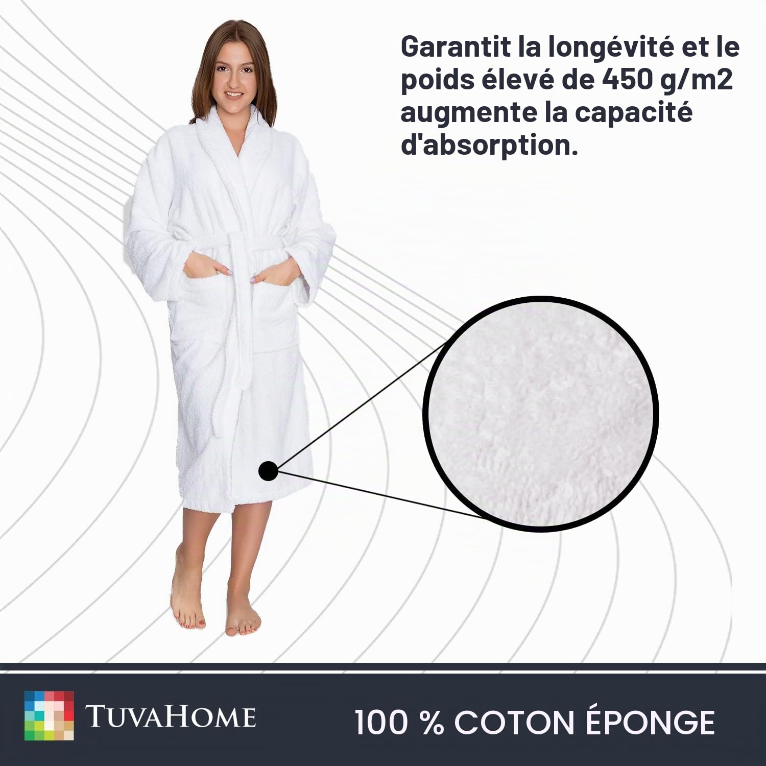 Tuva Home Peignoir Blanc Peignoir Éponge 100% Coton 450g/m2 Unisexe Pour Femme Et Homme Peignoir Hôtel Épais Tailles S/M - 5XL