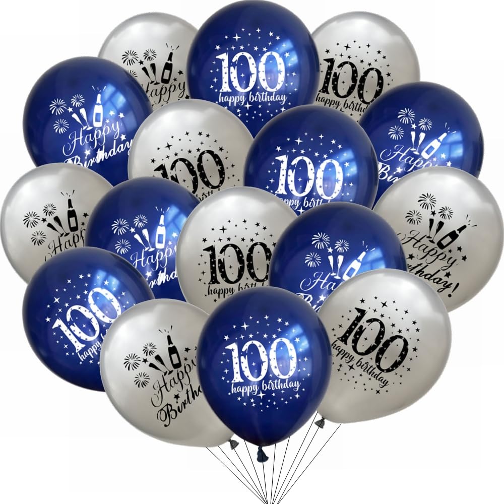 Yunchu Online 100th Birthday Balloons Blue Silver 100th Birthday Decoration Set 17 Pieces Unisex Adults