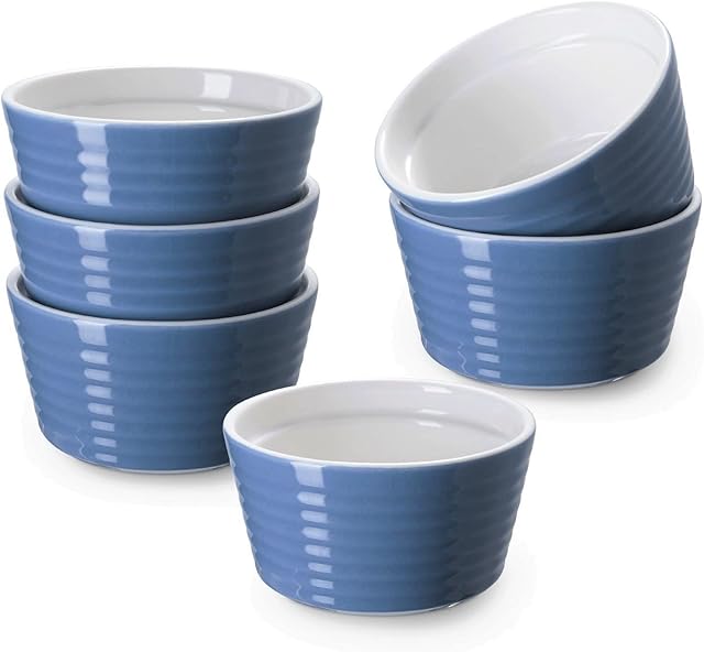 DOWAN Ramekins 6 oz Oven Safe, Porcelain Ramekins Souffle Dish, Creme Brulee Ramekins, Ramekins for Baking, Stackable Ramekin for Pudding, Spinach Souflees, Set of 6, Blue (6 oz)