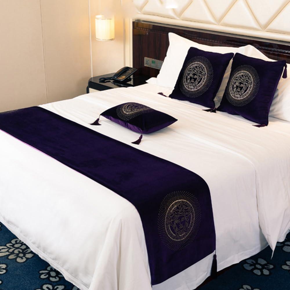QRGMKL European Style Bed Runner Hotel Bed Scarf Bedspreads Coverlets Luxury Bed Runners and Matching Cushions Bedroom Bedding Protector-Dark Purple||240X45cm for 1.8m Bed