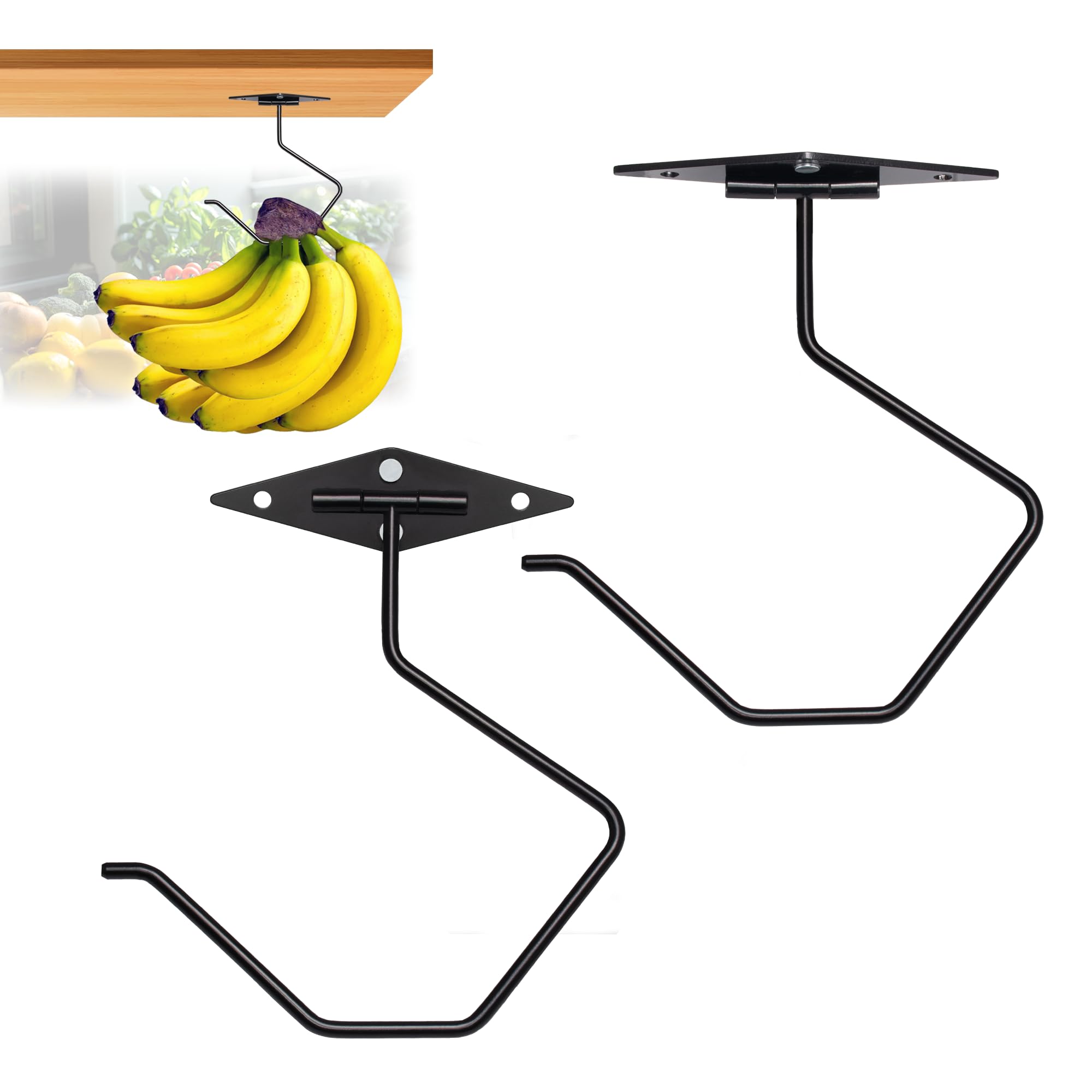 NEWBYTEK 2 Pack Foldable Banana Hook Under Cabinet? - Self-Adhesive & Screw Mount Hanger Holder | Heavy Duty Black, Keep Bananas Fresh, Under Counter Kitchen Organizer