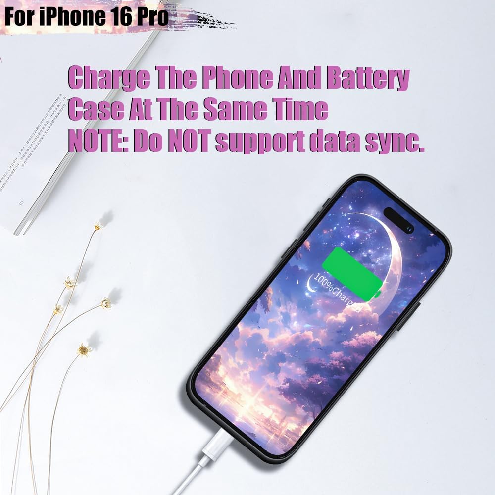 Battery Case for iPhone 16 Pro, 5000mAh Rechargeable Extended Battery Charging/Charger Case, Add 100% Extra Juice (6.3 inch) Black