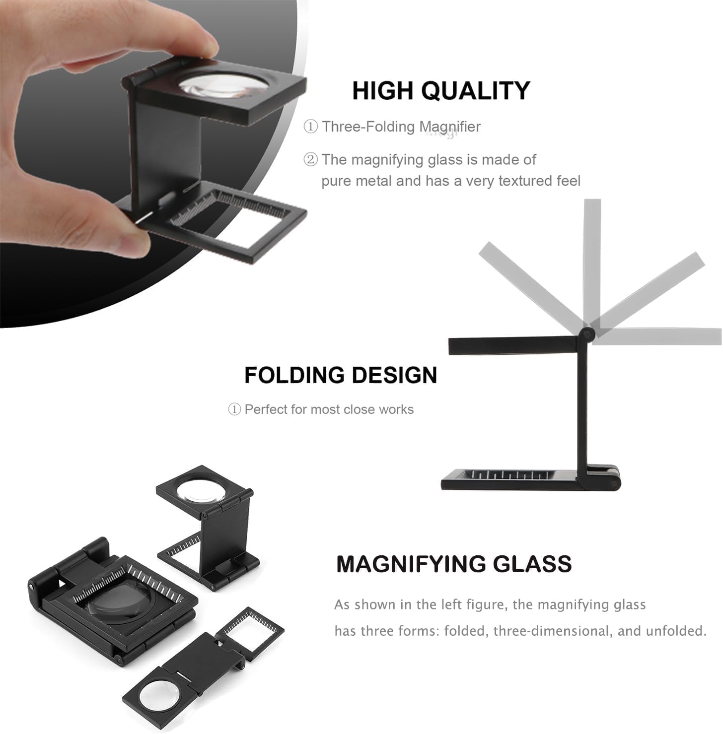 Pocket Magnifying Glass, 10X Three Folding Magnifier with Scale & Pouch, 28mm Mini Zinc Alloy Portable Standing Magnifying Glasses for Textiles, Optical Glass, and Jewelry