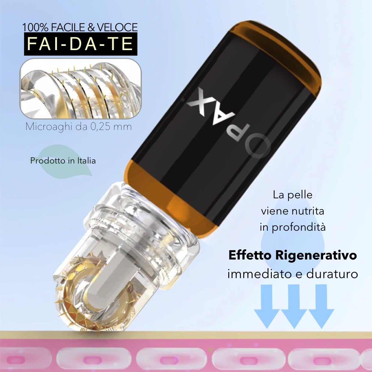 Opax Dermaroller 0.25 mm Per Microneedling Viso, SkinCare Effetto Lifting - Siero 10ml Con Acido Ialuronico Viso, Coenzima Q10, Collagene E Acido Ialuronico, Elastina - Made In Italy