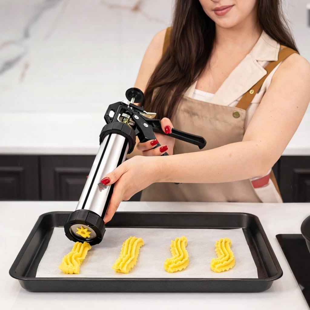Appareil à Churros Acier Inoxydable 304 - Kit Machine à Spritz et Presse à Biscuits, Poche à Douille, 7 Douilles, 8 Disques (Chichis & Sablés), Livre Recettes