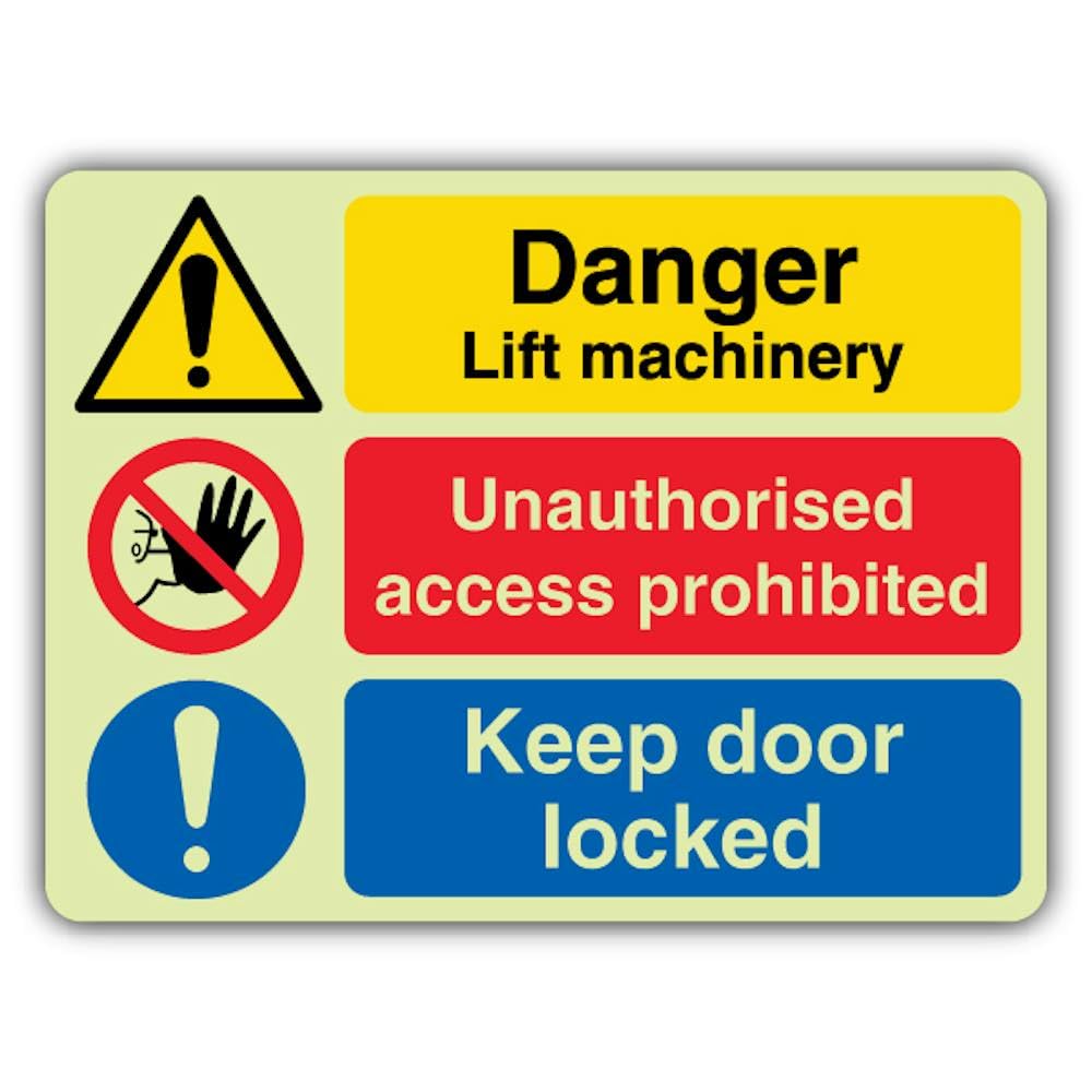 V Safety Panneau phosphorescent Danger Lift Machinery Access Interdit Keep Door Locked – 400 x 300 mm – Fabriqué en vinyle autocollant triple lueur – Signalisation d'avertissement de danger – Fabriqué