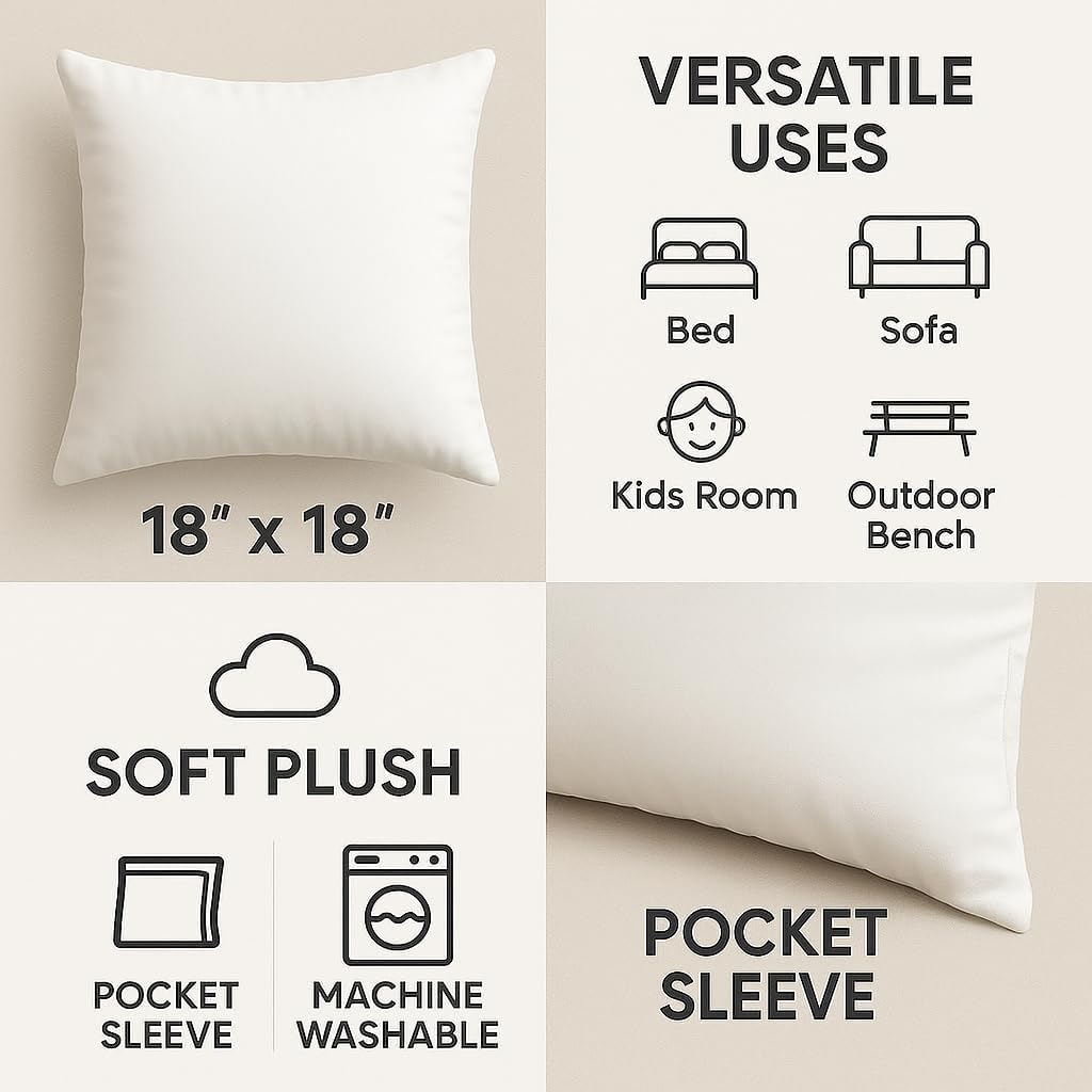 Insertos de almohada, 18 x 18 pulgadas, cuadrados, suaves, esponjosos, rellenos, rellenos de almohada decorativos blancos (18 x 18 pulgadas (paquete de 2)