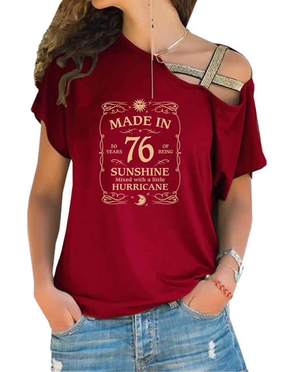 Rfecccy Made in 76 Print T-Shirt 50th Birthday Gifts for Women Short Sleeve Off The Shoulder Top