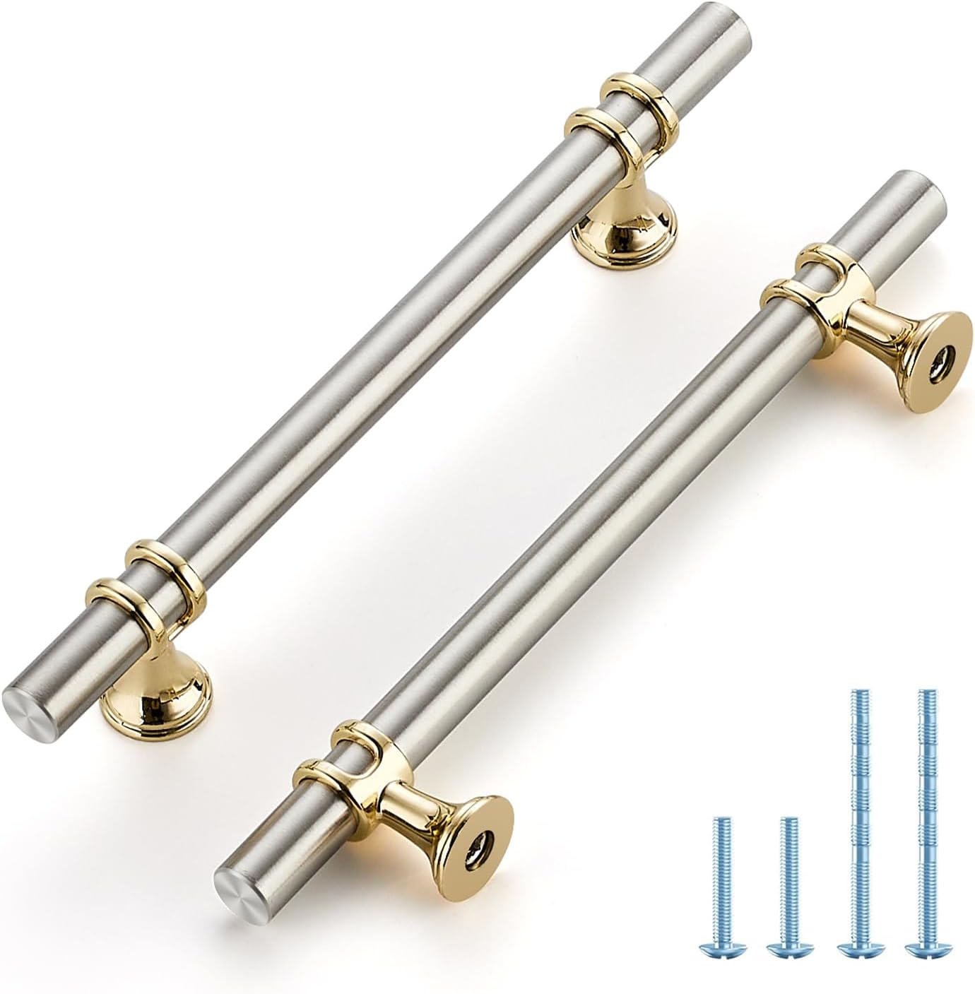 Brushed Nickel and Brushed Brass Cabinet Handles, 5 Inch Hole Center Modern T-Bar Drawer Pulls, Decorative Hardware for Cabinets, Dressers, and Drawers, 25 Pack