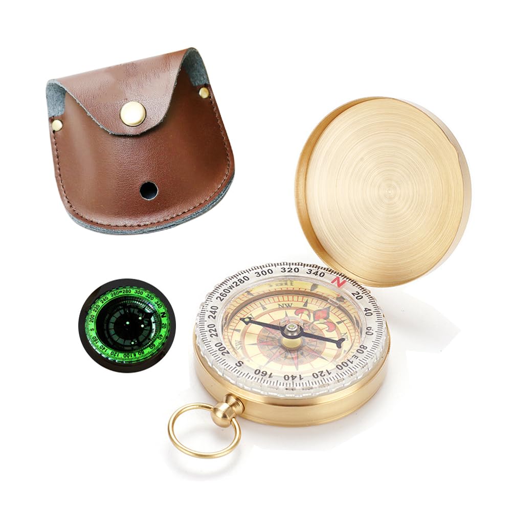 1 set di bussole vintage in ottone luminoso, bussola nautica tascabile zaino bussola da campeggio escursionismo direzione bussola con fondina in pelle organizer portachiavi set regalo per il giorno