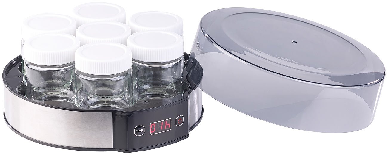 Rosenstein & Söhne Joghurt Zubereiter: Joghurt-Maker mit Zeitschaltuhr, 7 Portionsgläser je 190 ml, 20 Watt (Automat, Joghurtzubereitung, frei)