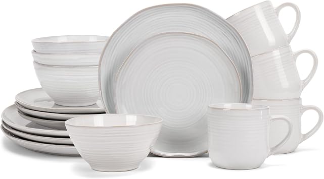 Elanze Designs Reactive Glaze Farmhouse Rustic Boho Ceramic Stoneware Dinnerware 16 Piece Plate Bowl Mug Dish Set - Service for 4, Classic White