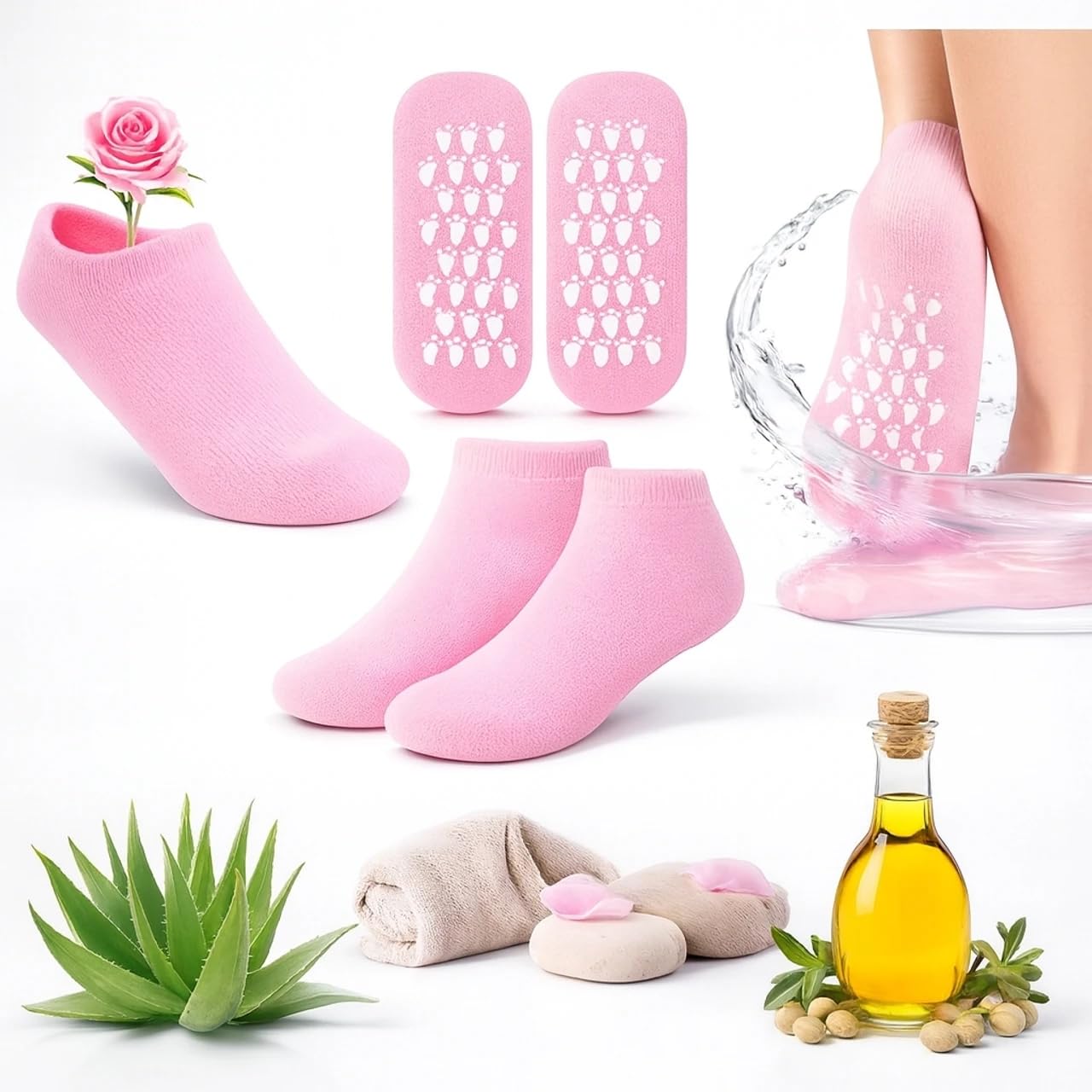 Moisturising Gel Spa Socks, Pink, with Aloe Vera and Essential Oils, Non-Slip, Soft Foot Care-image-29