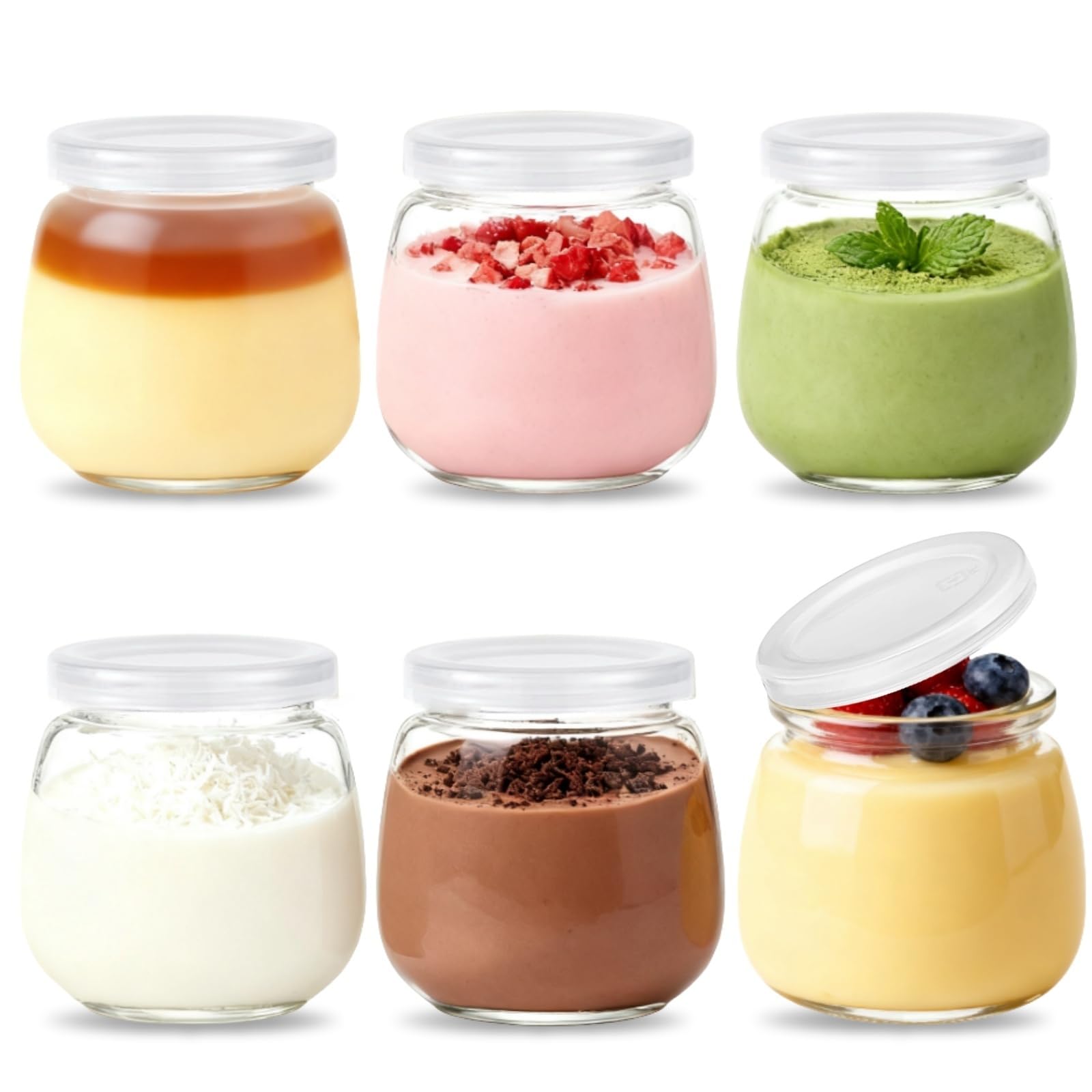 Siocok Transparent 6Pcs 300Ml Pudding Glass Bottle,Yogurt Glass Jars With Plastic Lids, Small Glass Bottles, For Yogurt Making,Milk,Jams,Jelly,Pudding,Mousse