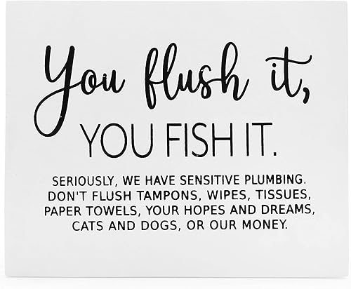 Decorae Cartel de madera sensible del sistema séptico, advertencia de plomería "You Flush It, You Fish It", papel higiénico de baño solo letrero de