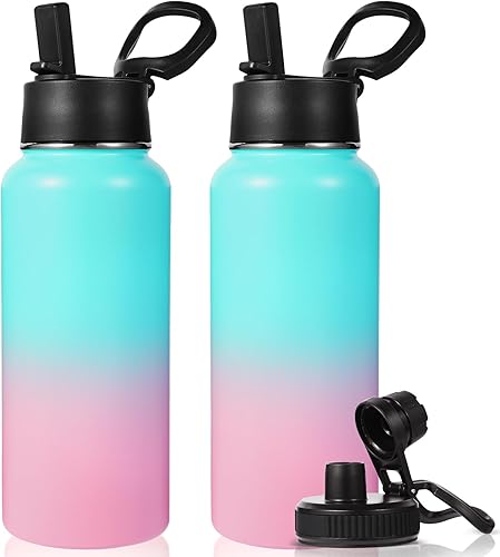 Miniatura 22 de Neihepal - Botellas de agua aisladas de 32 onzas a granel con 2 tapas (pajita y boquilla), botella de agua de acero inoxidable de doble pared, Azul